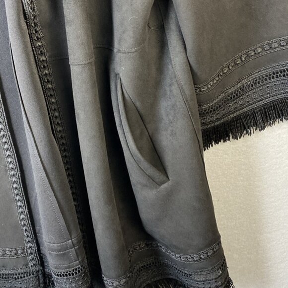 Zara‎ Faux Suede Jacket Women's Medium Black Lace Trim Boho Open Front Oversized - Picture 12 of 13